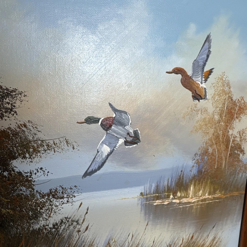 VTG Original 70s Framed Oil Painting Nature Ducks Flying Lake Art 17x20" Western - Picture 4 of 11